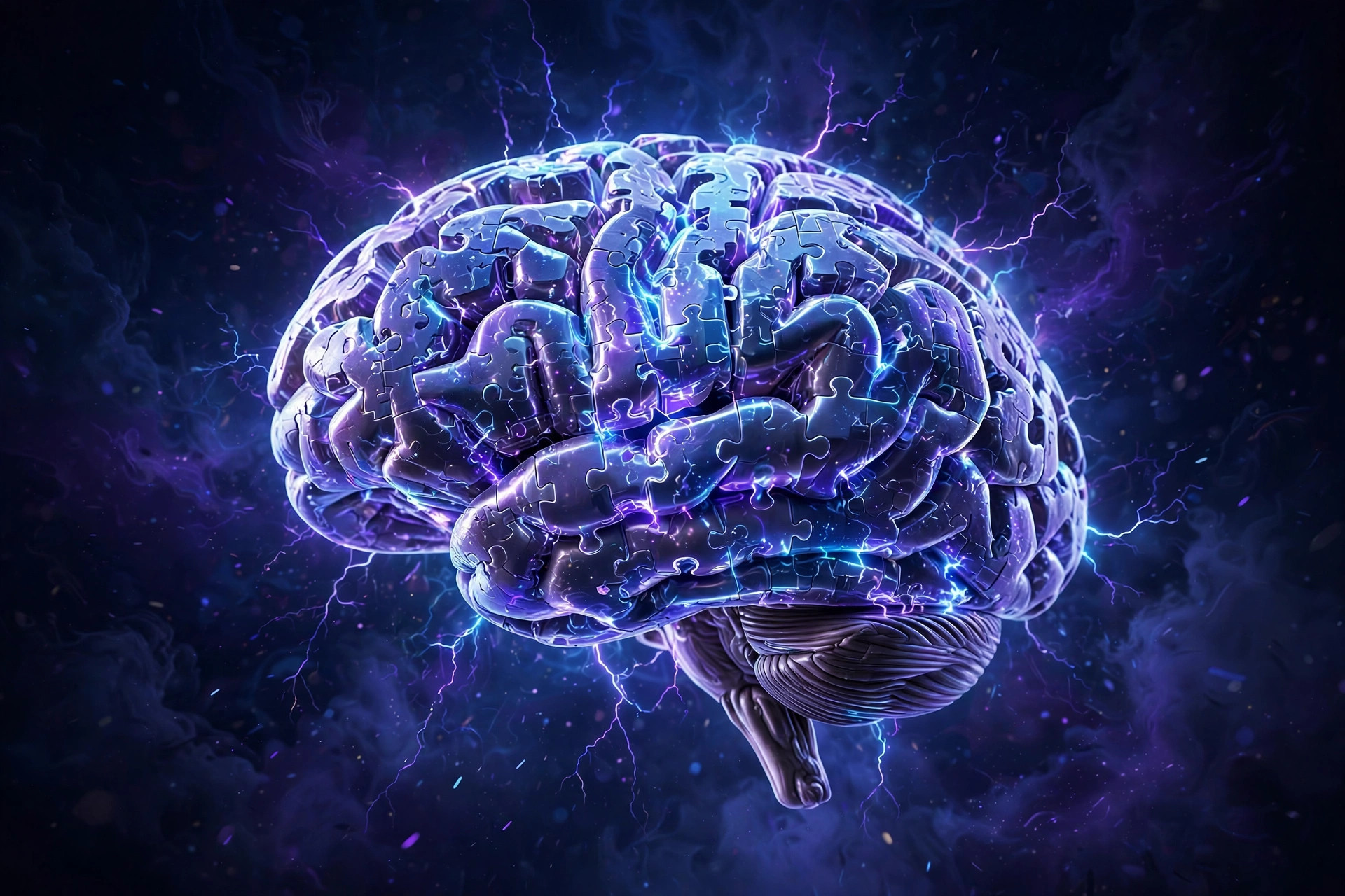 Brain with glowing puzzle pieces motif above the article about IQ testing for children